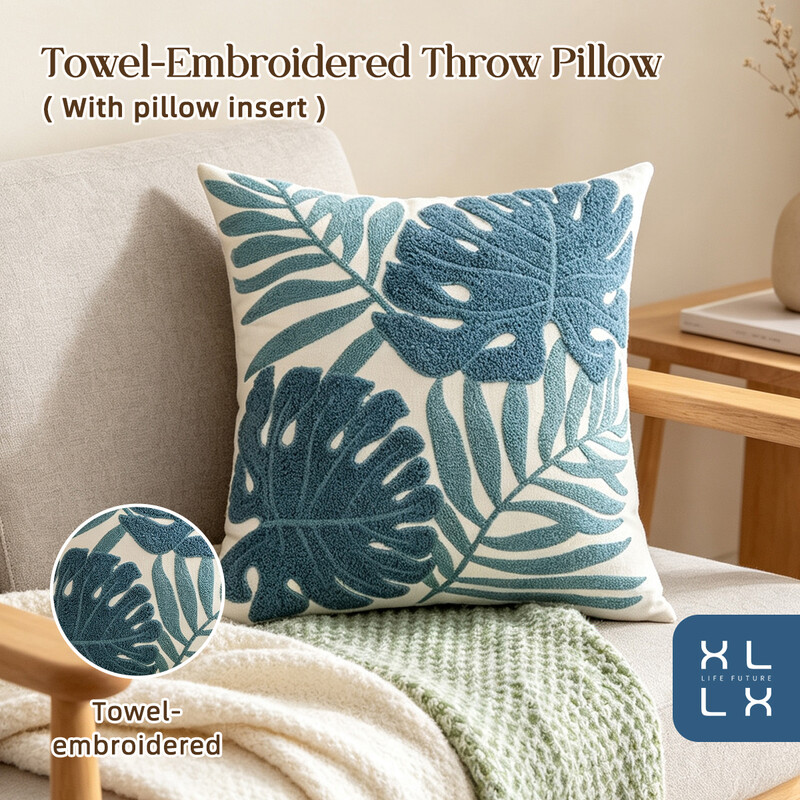 XLLX 1 Stück 45x45 cm (18x18”) Kissen mit Inlett, 3D getuftete Stickerei Blatt florales Muster, Weiches dekoratives Kissen für Couch Sofa Wohnzimmer Schlafzimmer Heimdekoration