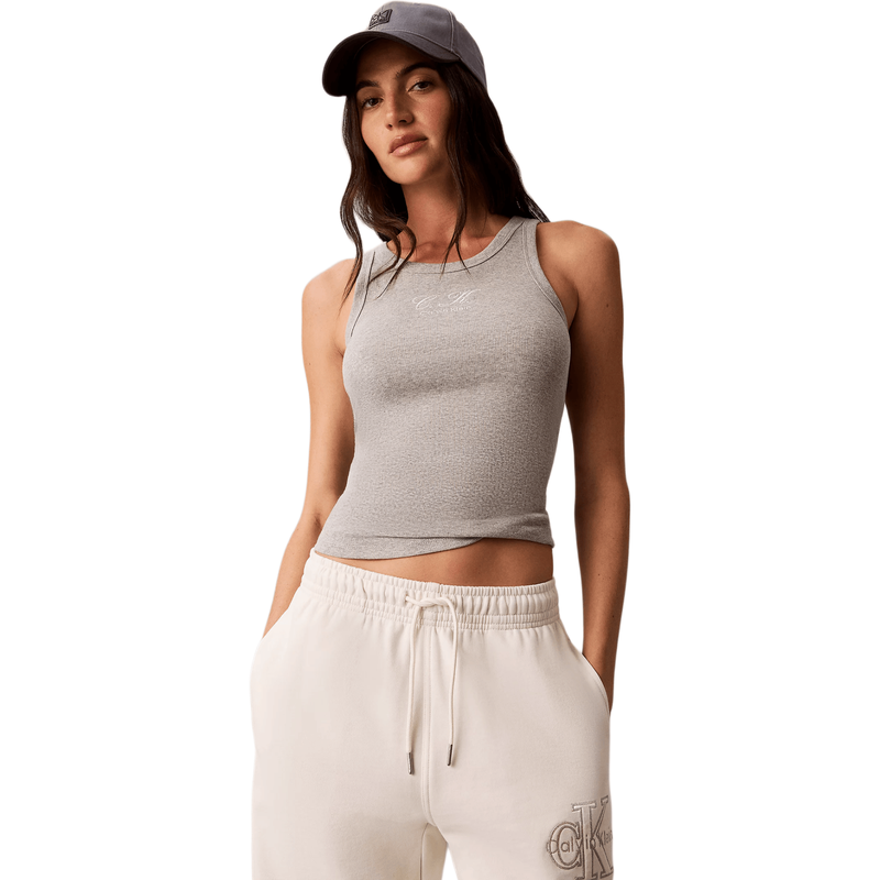 Calvin Klein Jeans Women Embroidered CK Logo Rib Tank Top - B10 Grey Heather