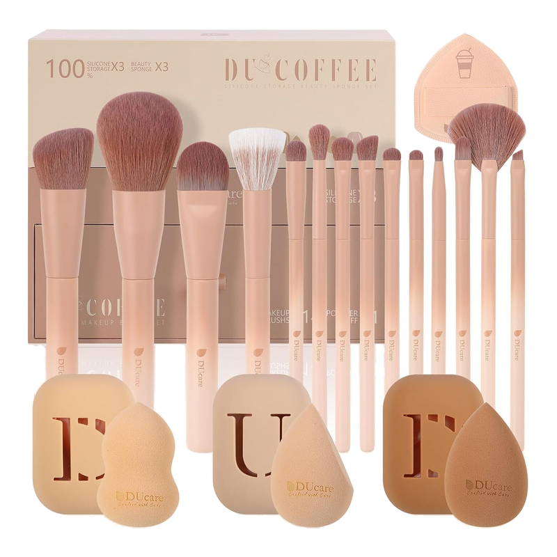 Ducare The Coffee Series Luxury Makeup Brushes 14Pcs And 3Pcs Make Up Sponges For Holiday Gifts With Elegant Gift Box