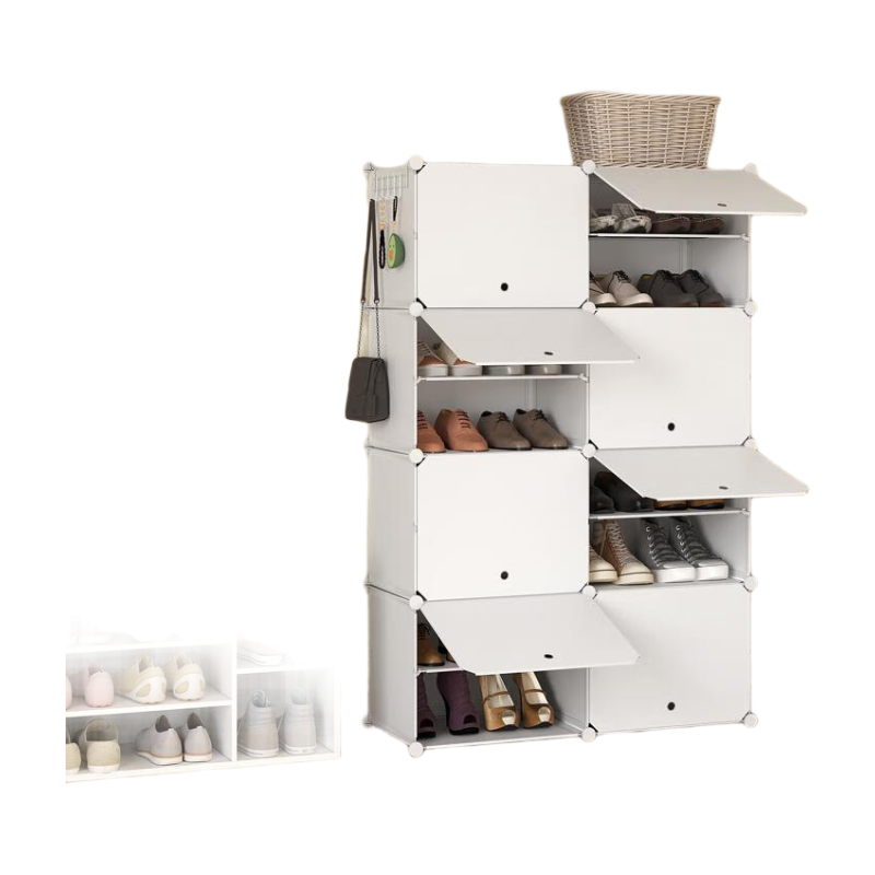 WOLTU Schuhregal mit 8 Fächern, Schuhaufbewahrung für 32 Paar Schuhe, Schuhschrank für Flur Wohnzimmer Schlafzimmer, Schuhorganizer mit Türen, aus modularen PP-Platten, Weiß