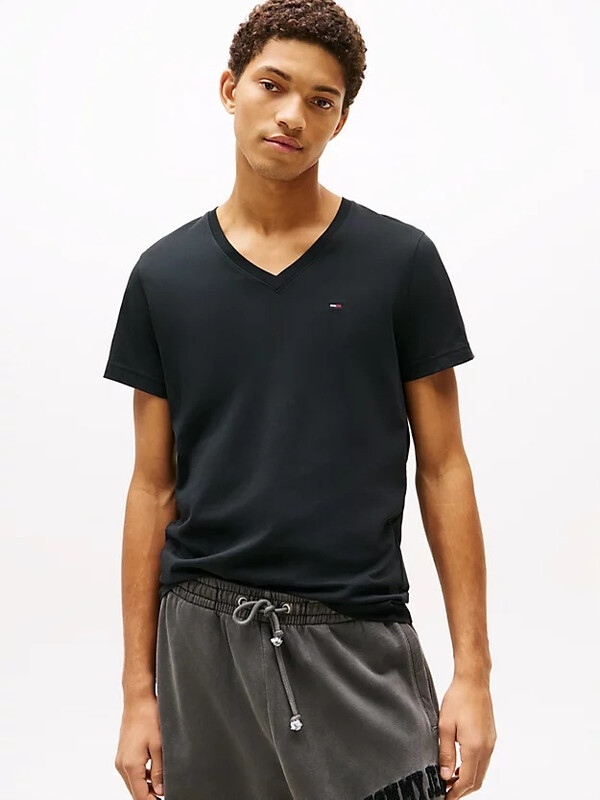 Tommy Jeans Heren V-Hals T-Shirt– Tommy Zwart S
