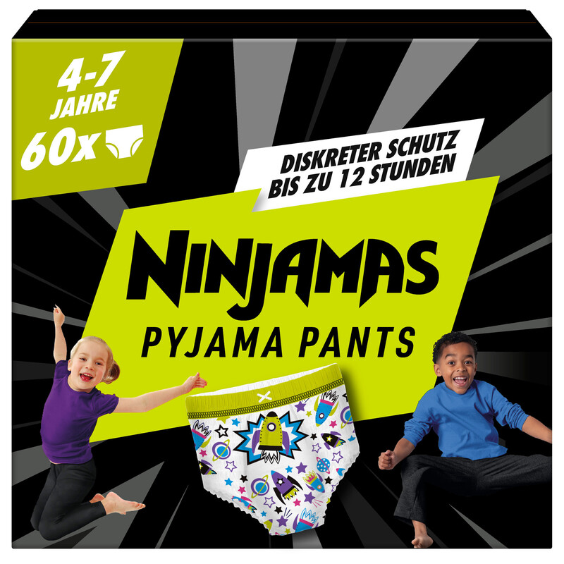 Ninjamas Pyjama Pants Raumschiff, 60 absorbierende Nachthöschen, 7 Jahre, 17kg-30kg, Auslaufschutz für die ganze Nacht