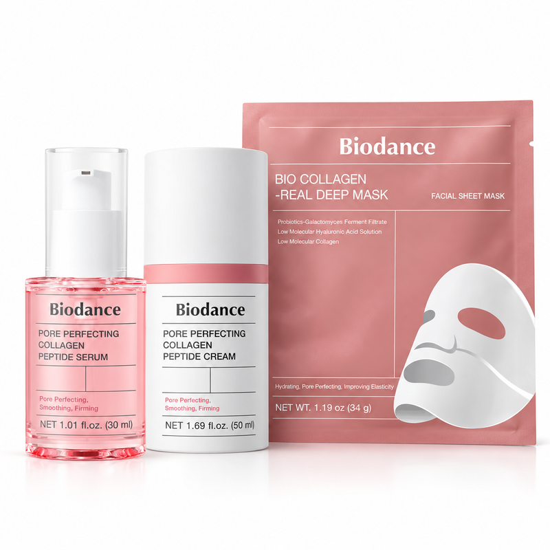 Biodance Coffret de soin au collagène en 3 étapes pour une peau de verre parfaite – Sérum aux peptides 30 ml + Crème aux peptides 50 ml + Masque Bio Collagen Real Deep 4 pièces