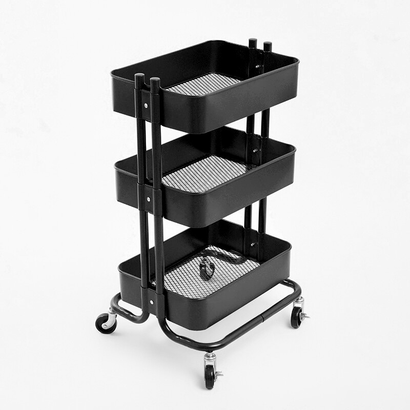 Premium 3-laags metalen opwielbare opbergwagen, Robuuste gaas utiliteitsorganizer met vergrendelbare zwenkwielen, Multifunctionele mobiele stellingkast voor badkamer, keuken, salon – Zwart