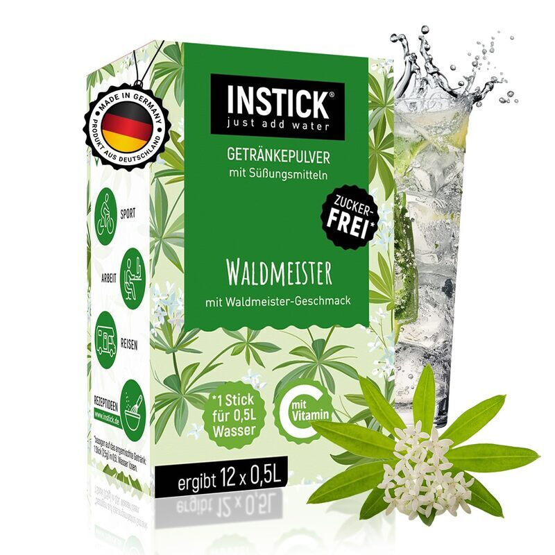 INSTICK Zuckerfreies Instant-Getränk (Waldmeister) - 1 Packung für 12 x 0,5-1 L - Veganes Getränkepulver Kalorienarm & Vitamin C - Instant-Pulver