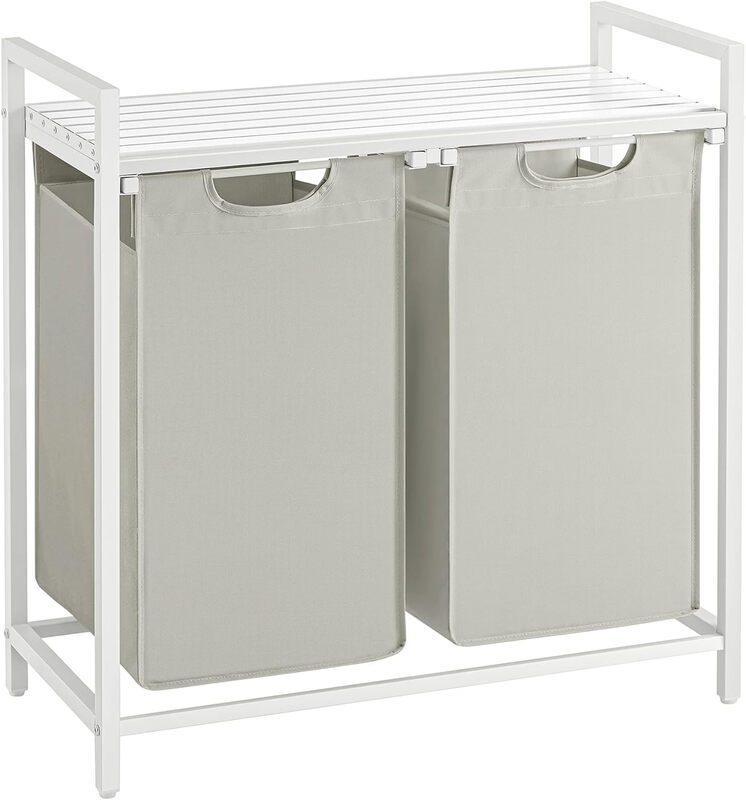 JOYFURNOS Wäschekorb mit 2 Fächern, Wäschesortierer mit Ablage, Wäschebox, Herausnehmbare Oxford-Stoffbeutel, Metallrahmen, 2 x 46 L, 73 x 33 x 72 cm, Cremeweiß-Mattweiß