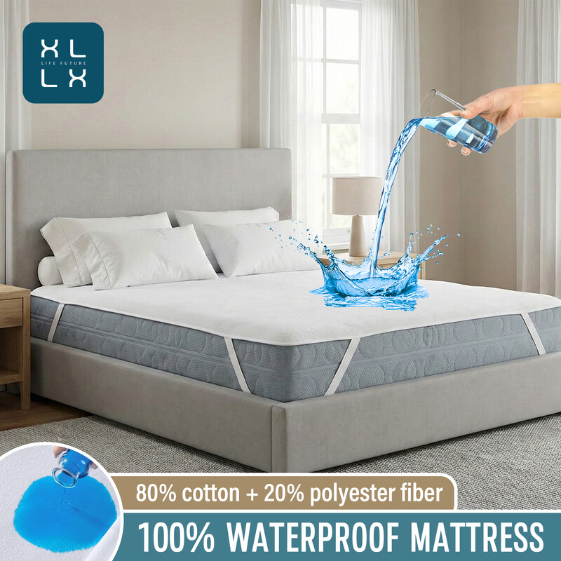 XLLX Waterdichte matrasbeschermer, Ademende matrastopper, Antislip met 4 hoekbandjes, Vlekbescherming, Wasbaar, Waterdicht, Kreukvrije matrastopper, Ademend 80% katoen, 20% polyester en TPU-film incontinentieverband, Wit, 180 x 200 cm