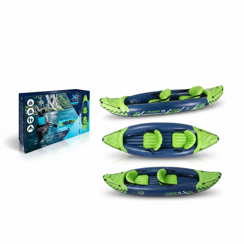 Koopman International XQMAX Cruiser X2 aufblasbares Kajak-Set für 2 Personen, 308 x 91 x 51 cm, inklusive Halteleine, Schnell-Aufblas-/Entleerungsventil, 2 aufblasbare Sitze, Aluminium-Kajakpaddel, Handpumpe
