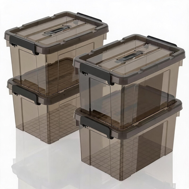 SPACEXPERT Tragbare transparente braune Kunststoff-Aufbewahrungsboxen mit Deckeln, Organizer-Container mit Griff und Clips, 20 L x 4, Größe: 42*29,5*25 cm