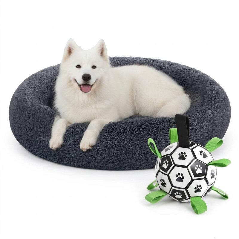 JOYFURNOS Zacht pluche kalmerend hondenbenchbed met afneembare, machinewasbare hoes, donkergrijs, 120 x 20 cm en opblaasbaar interactief hondenvoetbal speelgoed