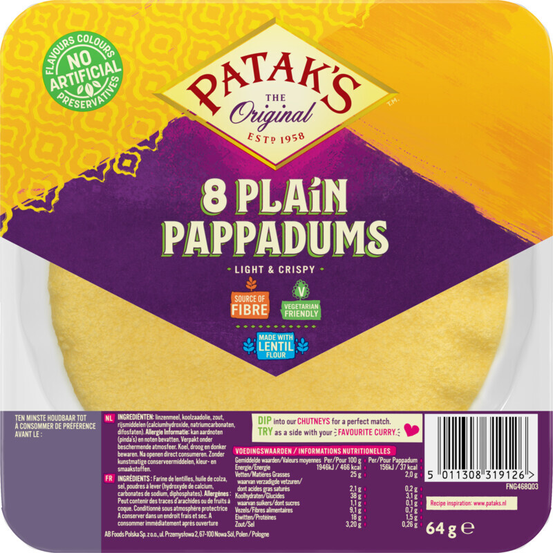 Patak'S Pappadums Plain 8Pcs 8Pcs