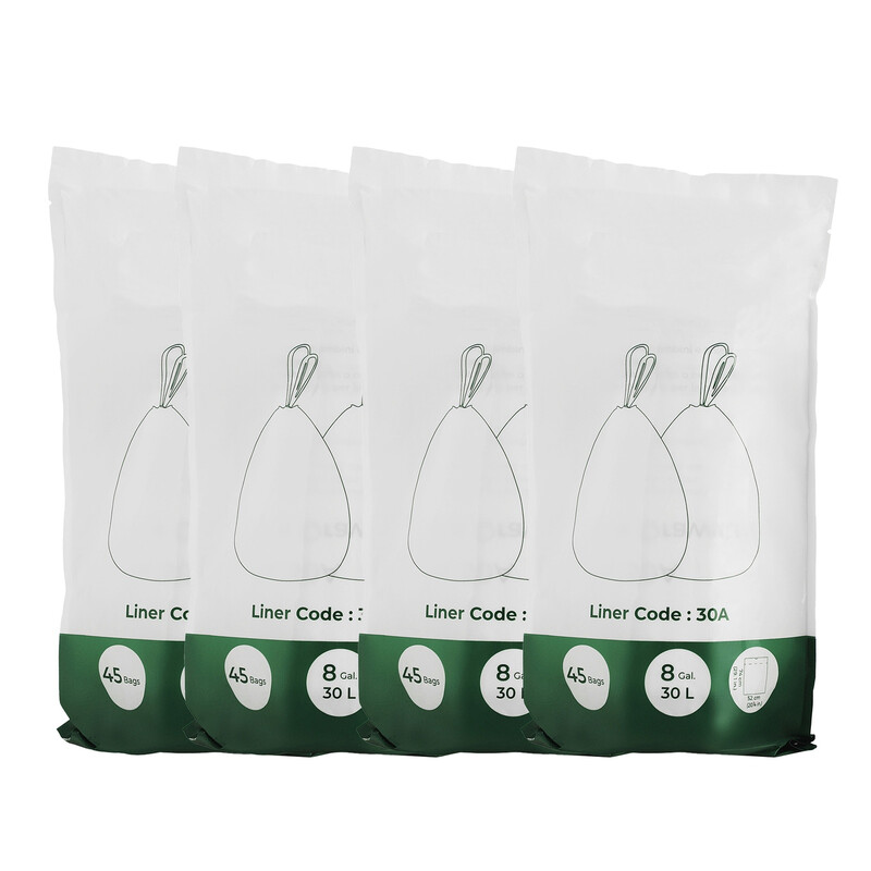 JOYFURNOS Heavy-Duty Bin Bags, Drawstring Rubbish Bags for 8-Gallon (30L) Kitchen Bins, Pre-Separated, Liner Code 30A, 4 Rolls, 180 Pieces, White
