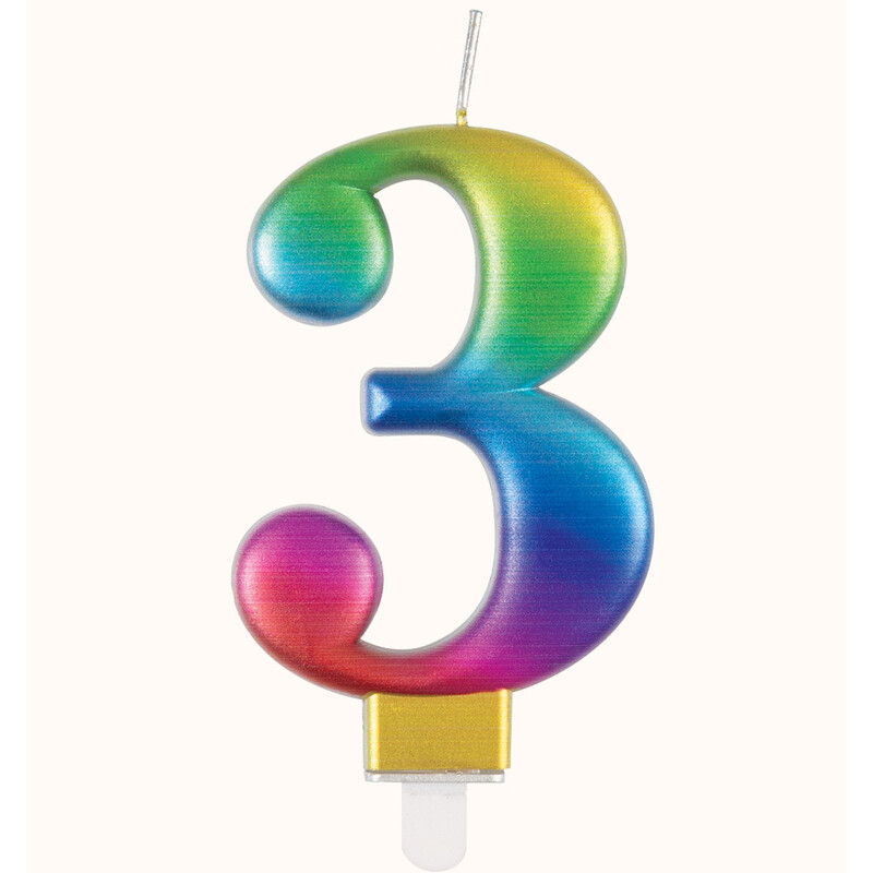 Unique Metallic Number 3 Candle, Rainbow
