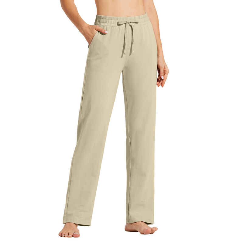 Women's Cotton Sweatpants Open Bottom Yoga Sports Straight Leg Pants with Pockets kha