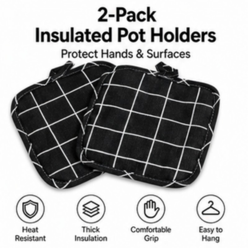 WhereHike 2pcs Pot Holders for Kitchen, Washable Heat Resistant Pot Holders, Hot Pads, Trivet for Cooking and Baking, Black Grid