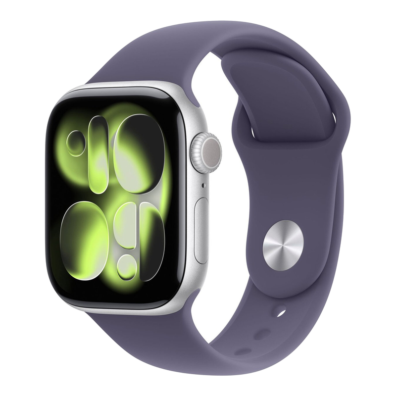 Apple Watch Series 11 GPS 42 mm zilveren aluminium behuizing met paarse mist sportbandje - S/M