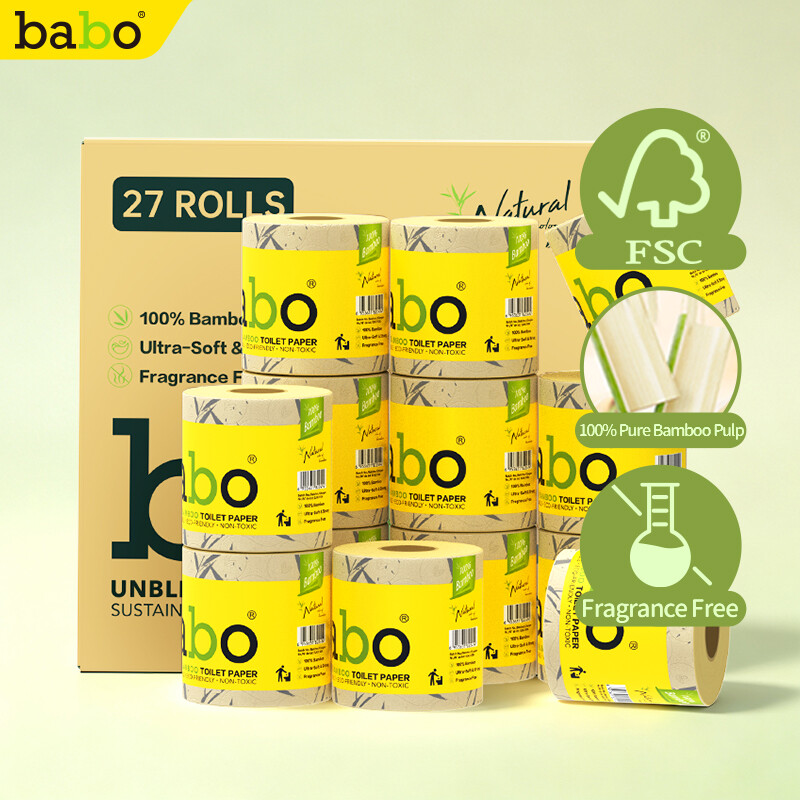 BABO EU-norm 6D dubbelzijdig geëmbosseerde toiletrollen van bamboepulp, 4 lagen, 150 g/rol, 27 rollen/doos, ongebleekt, vrij van fluorescerende middelen en pluisvrij, dubbele ISEGA- en HALAL-certificering, grootverpakking huishoudelijk toiletpapier om in 