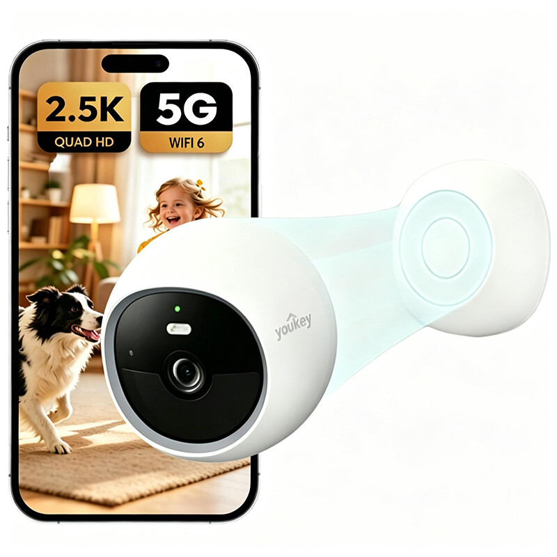 UNIVIEW Youkey S320 Magnetische Draadloze 2,5K QHD-Beveiligingscamera, Dual-Band WiFi 6, 150°-FOV, AI-Detectie van Personen en Huisdieren, Ingebouwde 8GB-Opslag, Kleur Nachtzicht, Geen Maandelijkse Kosten
