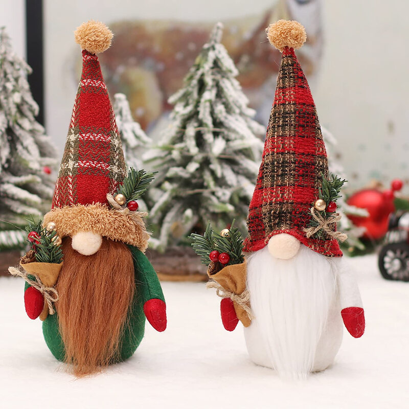 2Pcs 11in/28cm Christmas Gnome Decorations,Christmas Ornaments Gifts Gnome Plush Buffalo Plaid Christmas Decorations Hold Xmas Tree Branches & Pine Cones,Swedish Tomte Nordic Elf for Farmhouse Tiered Tray