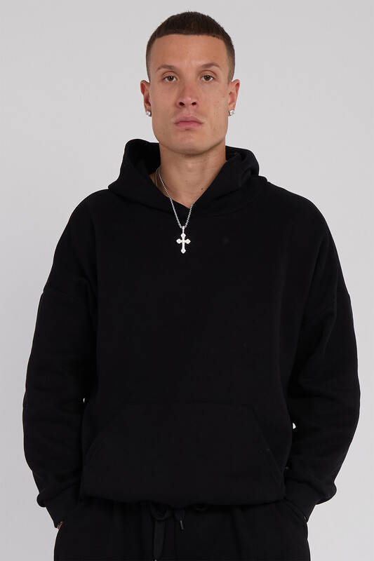 Oversized Fleece Pullover Hoodie, Black, S Size