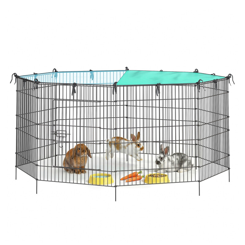 JOYFURNOS Kleintierlaufstall mit Abdeckung, 8 Gitterplatten, Freigehege, atmungsaktiv, Sonnenschutz, 138 x 138 x 60 cm, schwarz