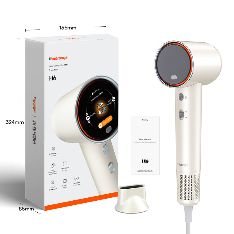 Uniorange H6 plasma-hogesnelheidsföhn (maanwit), HD-lcd-scherm, 5 slimme modi, 1600 W vermogen en 1 miljard plasma-ionen, 110.000 tpm hogesnelheidsmotor, droogt 5x sneller