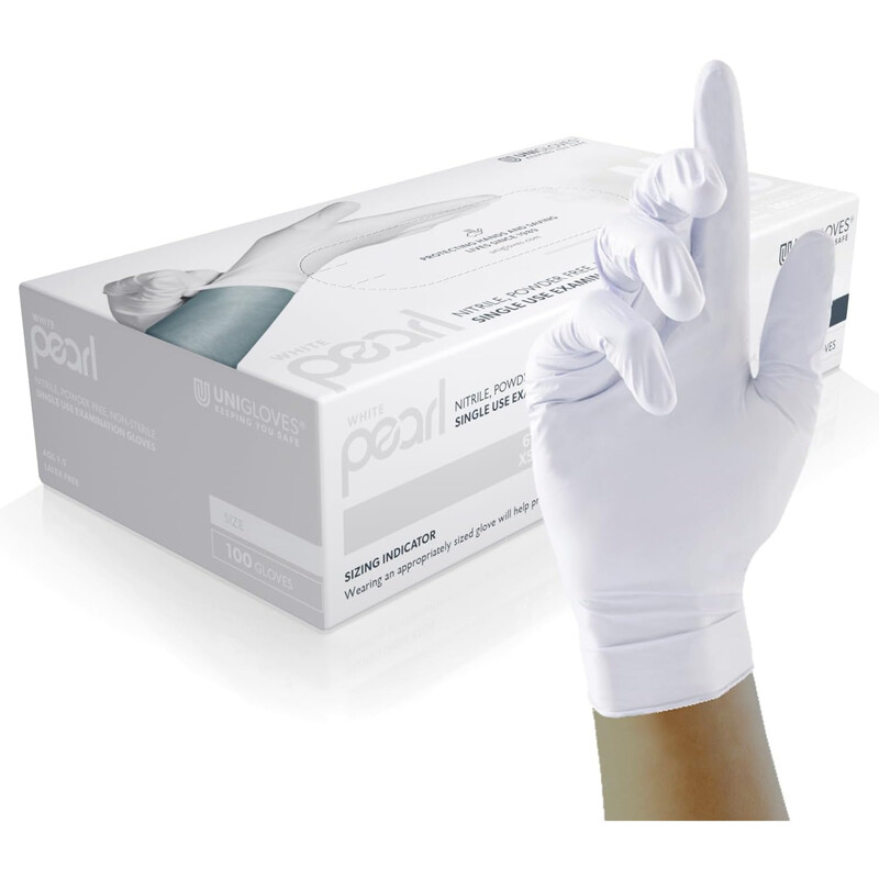 Unigloves White Pearl Nitrile Examination Gloves - Multipurpose, Powder Free And Latex Free Disposable Gloves, M