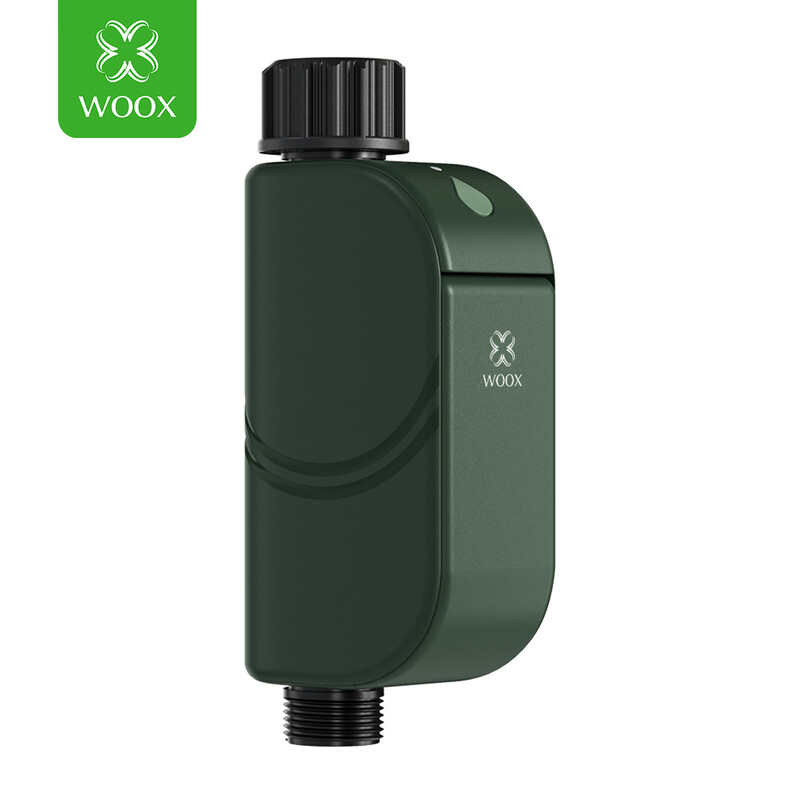 WOOX Smart Bewässerungstimer R2603 Grün WiFi 6 2,4 GHz BLE 5.4 IP65 Outdoor Garten-Bewässerungssteuerung Bistabil Relaisschalter 4x AA Batterie 1,5 Jahre Lebensdauer 20 Programme Regenverzögerung Kindersicherung Alexa Google 175x78x43,6 mm