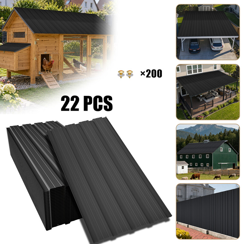 22-delige trapezium geprofileerde metalen plaatenset, totale dakafdekking 10,12 m², hoog draagvermogen 0,25 mm gegalvaniseerde stalen panelen met voorgeboorde gaten. Elke plaat 108×43 cm, wordt geleverd met bevestigingsschroeven, zwart, ideaal voor tuinho