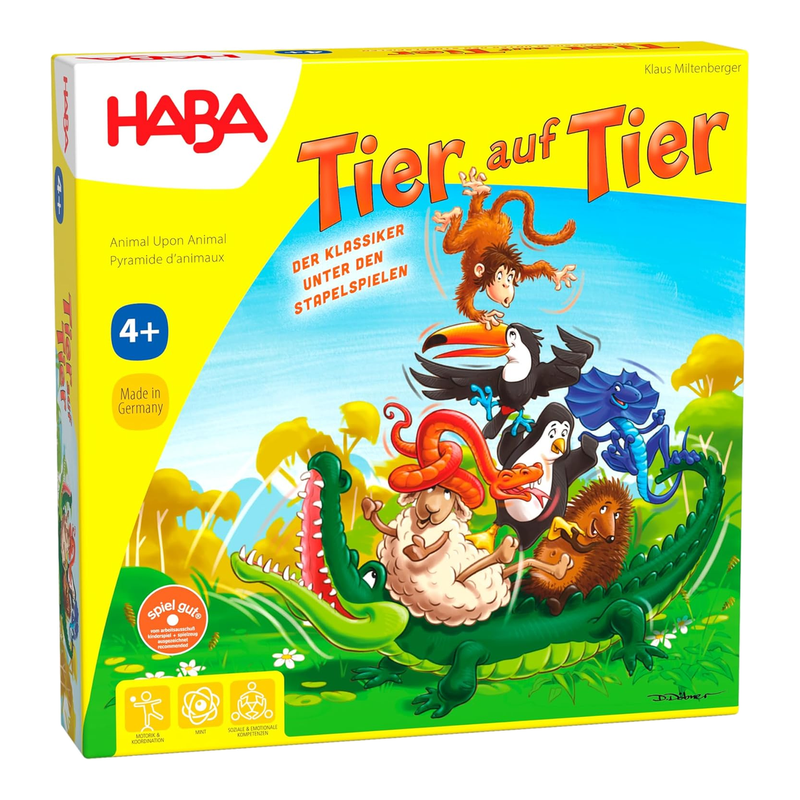 HABA 4478 Tier auf Tier, Stapelspiel für 2-4 Spieler ab 4 Jahren mit Tierfiguren aus Holz, auch als Solospiel spielbar