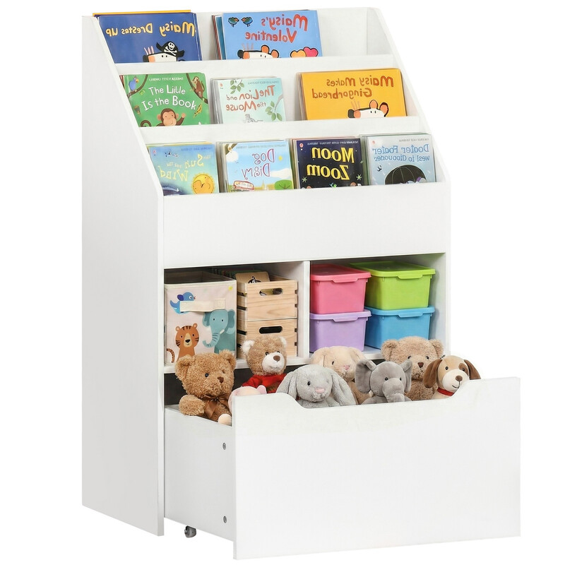 311-048WT HOMCOM Kids Bookshelf with Moveable Drawer, Montessori-Inspired Children's