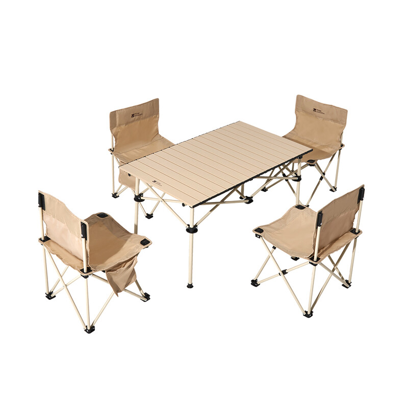 Mobi Garden, Folding Camping Steel Table Set with 4 Chairs, Portable Outdoor Dining Set, Sand, for Camping, Outdoor, Picnic