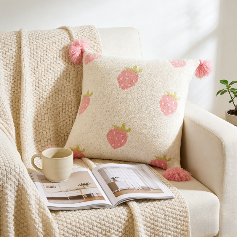 , Sherpa Acrylic Knit Cushion cover, 50x50cm, strawberry, 1pack