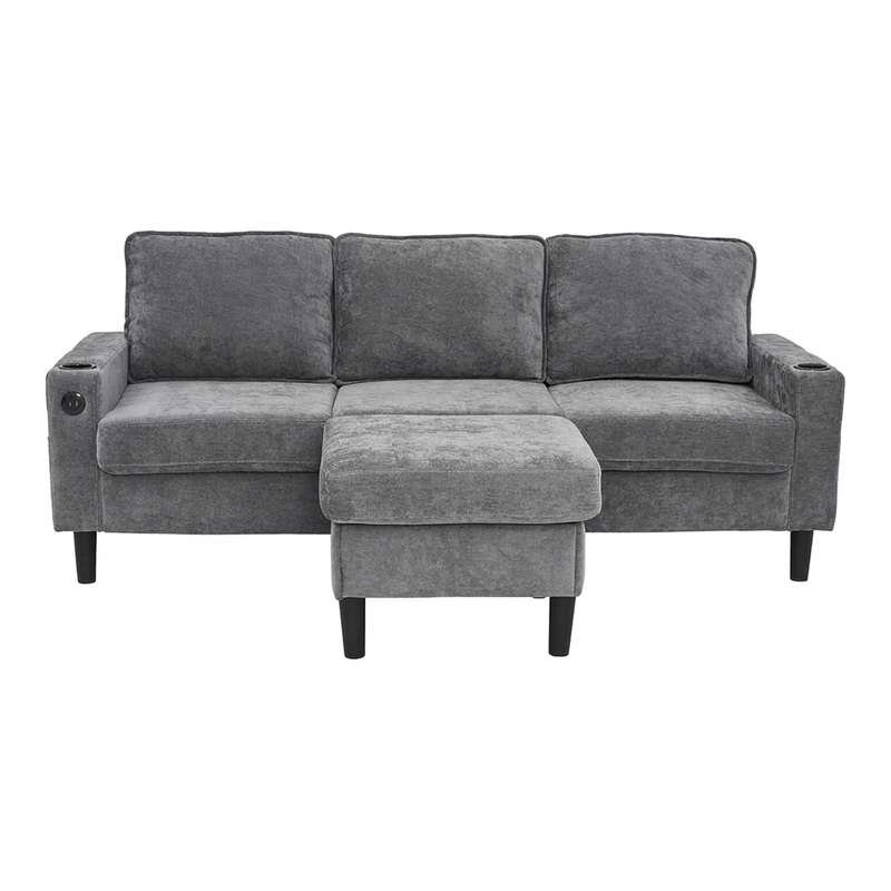 Polster-L-Schlafsofa, 3-Sitzer mit zwei Getränkehaltern, graues Leinenmaterial, geeignet für Wohnzimmer, Wohnung, Lounge, Schlafzimmer