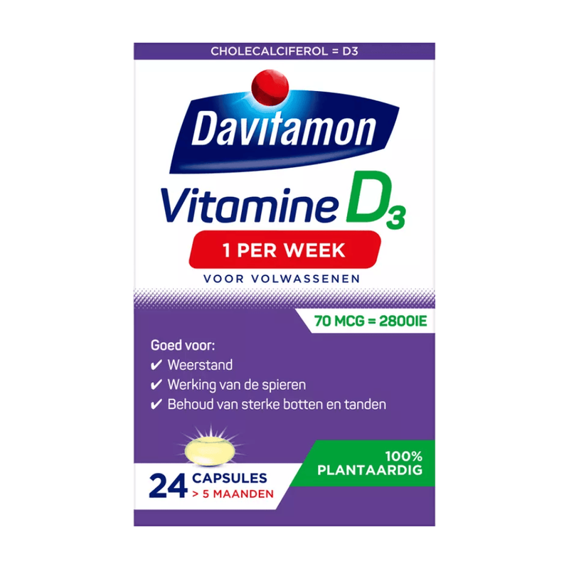 Davitamon Vitamine D Une fois par semaine 100 % végétale et végane – contribue au maintien d’une ossature normale et au fonctionnement du système immunitaire – 24 capsules