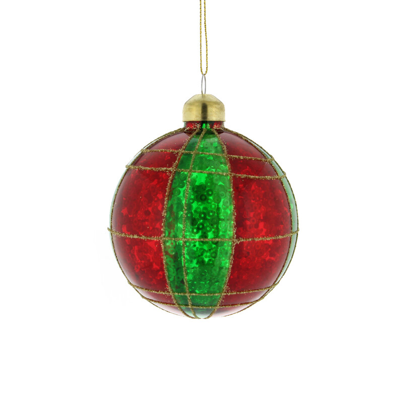 Festive 8Cm Christmas Glass Ball Ornament with Green, Red Color and Gold Lines for Holiday Tree Decor