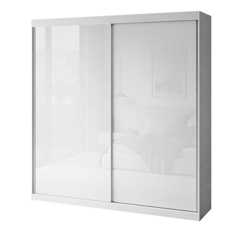 BASTER GLOSSY Schiebetürenschrank – weiße glänzende Fronten, 200 cm elegante Schlafzimmeraufbewahrung