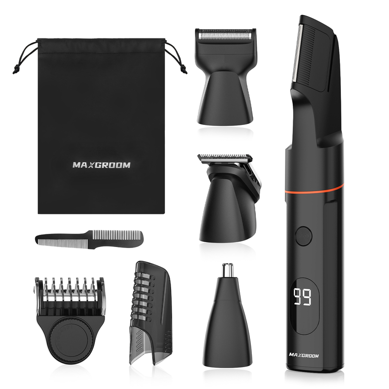 MAXGROOM Body Groomer voor Mannen, 7-in-1 Draadloze Bodytrimmer met Magnetisch Verwisselbare Opzetstukken, Verstelbare Opzetkam 1–9 mm, IPX6 Waterdicht, LED-display, Complete Lichaamsverzorgingsset