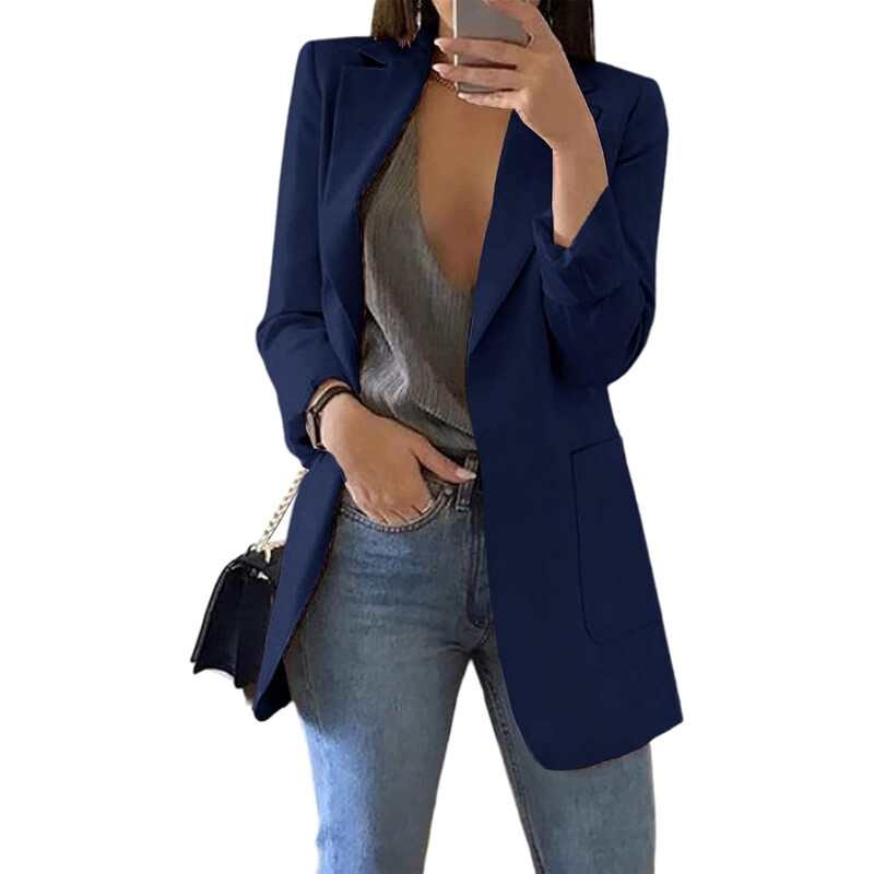 Women's Casual Blazers Open Front Long Sleeve Lapel Collar Work Office Jacket (DarkBl