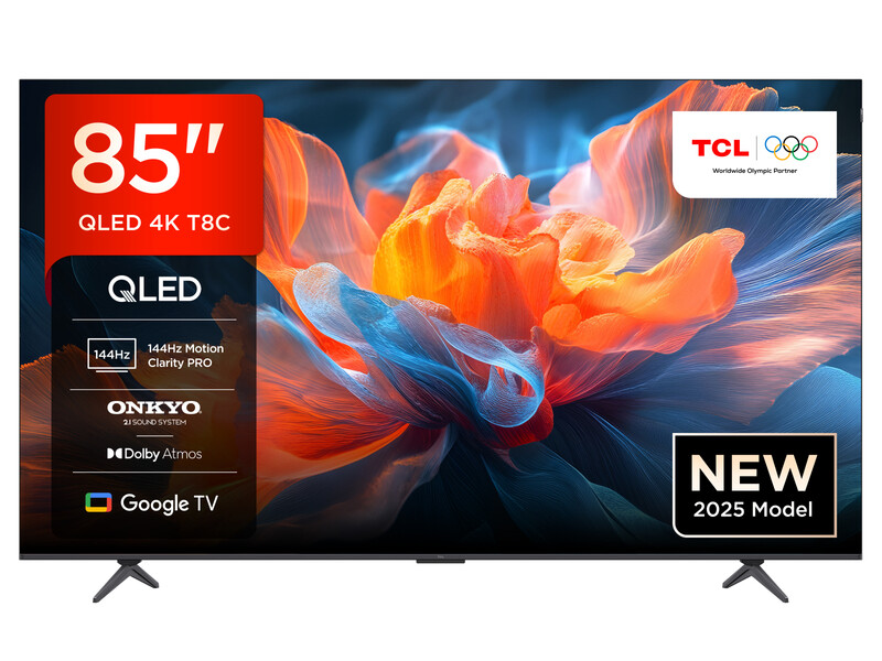 TCL 85T8C 85 Zoll QLED 4K HDR Ultra HD Fernseher, Smart TV mithilfe von Google TV (Dolby Vision Atmos, 144Hz Motion Clarity Pro, Game Bar, ALLM, FreeSync, Onkyo 2.1 Sound, Sprachsteuerung)