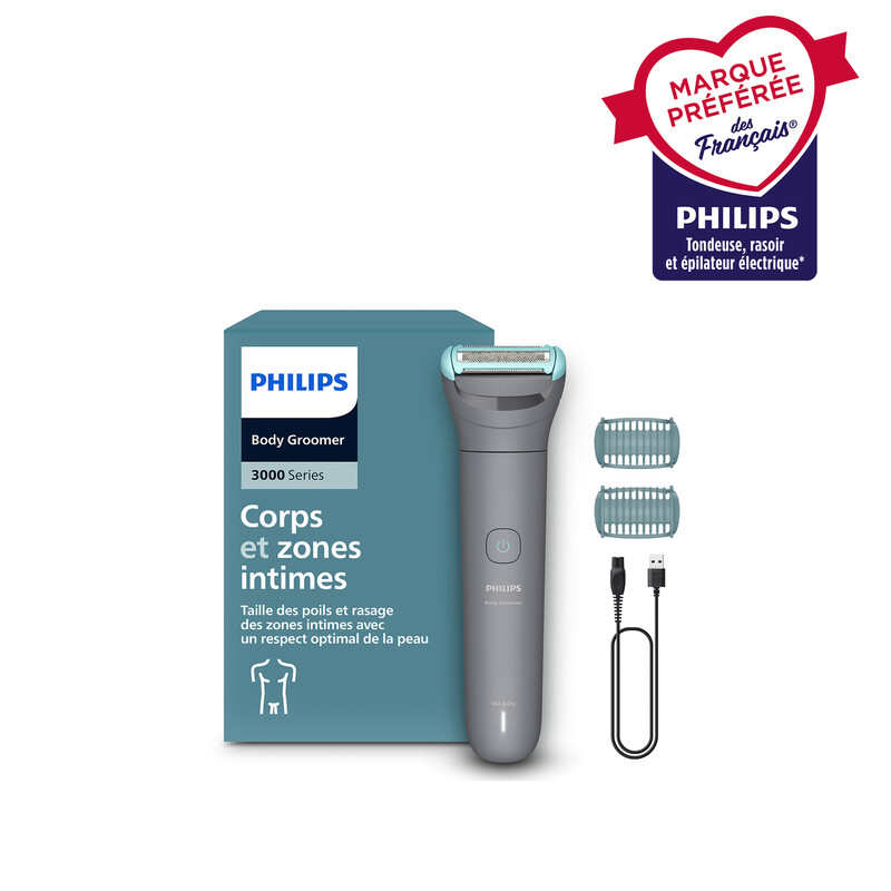 Philips Bodygroom série 3000 Tondeuse pour hommes avec Triple protection taille des poils et rasage des zones intimes rasage de près qui respecte la peau 100% étanche autonomie 80 min BG348015