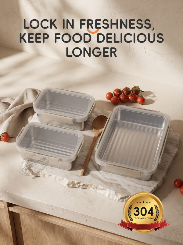 PURE COOK 304er Edelstahl Lebensmittel-Aufbewahrungsserie | 3er-Pack rechteckige Behälter mit weißen PP-Clips