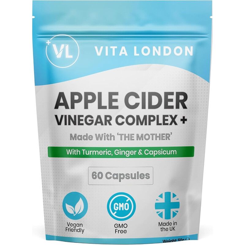 VL Vita London Vegan Digestive Support Supplement - Apple Cider Vinegar Complex 1500mg with Turmeric, Ginger & Capsicum - 60 Capsules