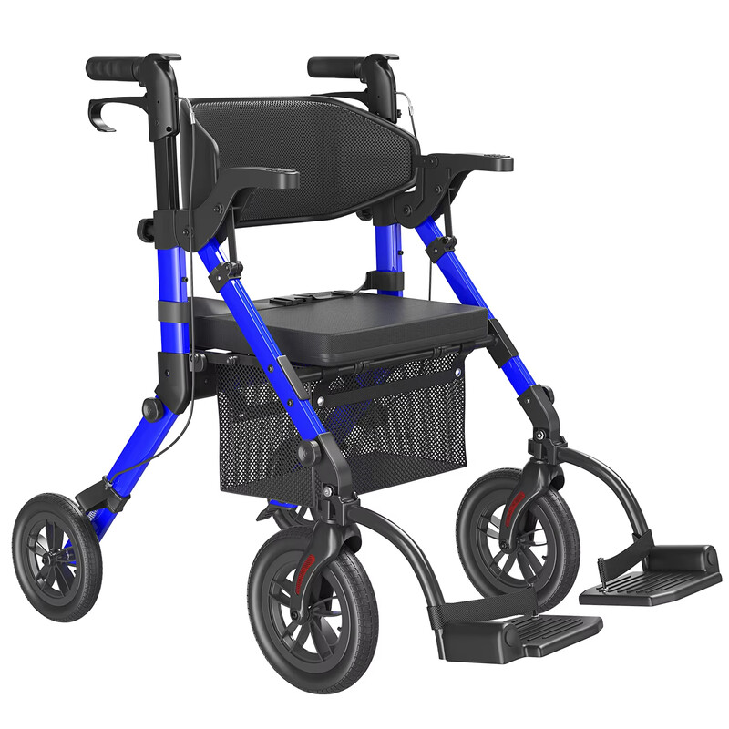 Blauwe 2-in-1 rollator met zwarte spaakwielen, 10 inch voorwielen & 8 inch achterwielen, 136 kg maximale draagcapaciteit, opvouwbare wandelrol voor ouderen voor binnen & buiten