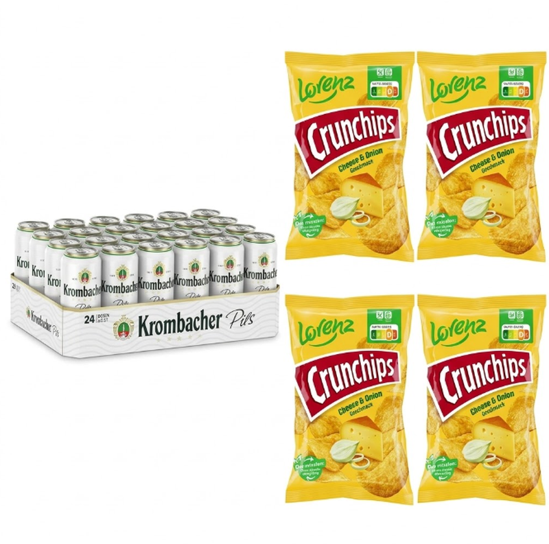 Vorteilspack Krombacher Pils 24 x 0,5 L + Lorenz Crunchips Käse & Zwiebel Kartoffelchips 4 x 150 g