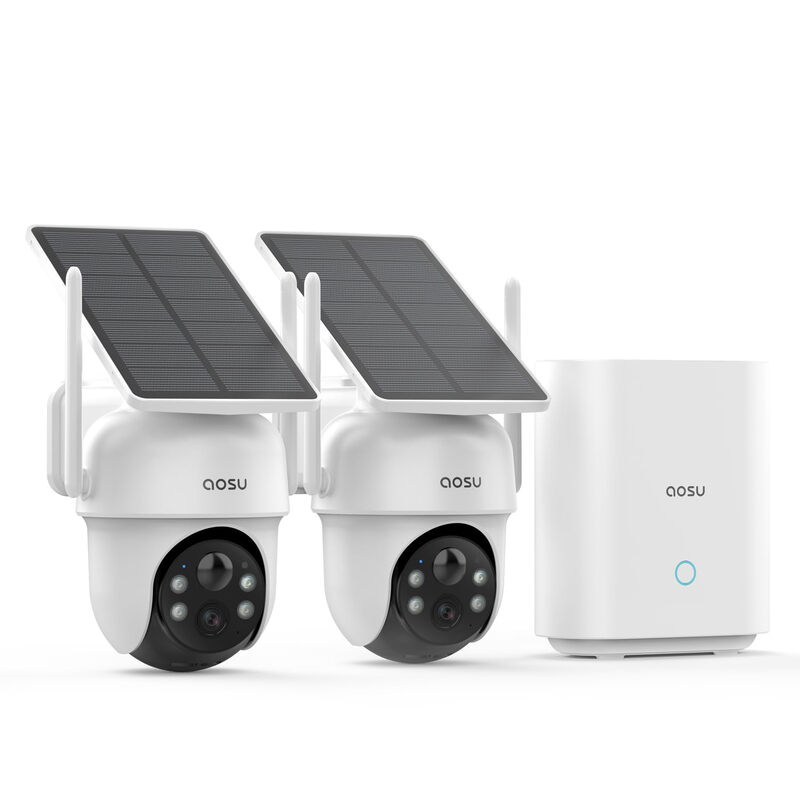 AOSU 2K bewakingscamera buiten batterij zonne-energie set van 2 camera's met AOSUBase, geen abonnement vereist, 32 GB lokale opslag, 360° PTZ-panorama auto-tracking detectie, kleurennachtzicht 2-weg audio, 5 g/2,4 g WiFi
