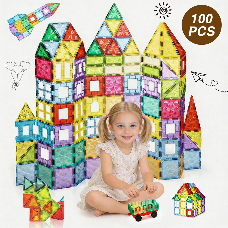 100PCS Magnetic Tiles Diamond-Cut Reflective Design, 3D Crystal Effect Building Set,