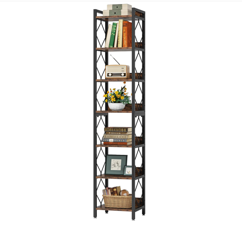 7-Tier Corner Shelf, 200cm Narrow Bookshelf Corner Bookcase