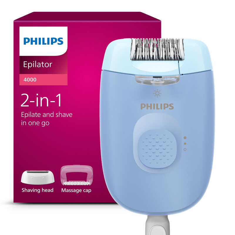 Philips Series 4000 Epilator en scheerapparaat - langdurig haarvrij - Blauw - Met snoer en LED lamp - BRE247/00