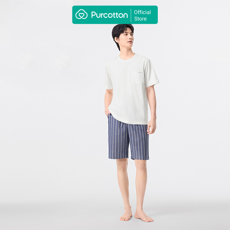 Purcotton Men's Cooling Silky Cotton Top & Gauze Shorts Loungewear Set - Cool and Breathable - Hydrating and Smooth - Summer Home - Blue Stripes - Top: 180/100A; Bottoms: 180/88A